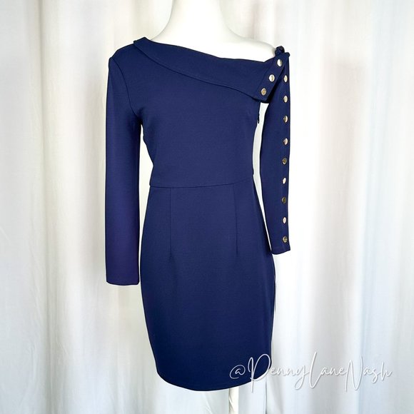 Lumier by Bariano Dresses & Skirts - NWT Lumier by Bariano Asymmetric Gold Button Cocktail Dress Navy